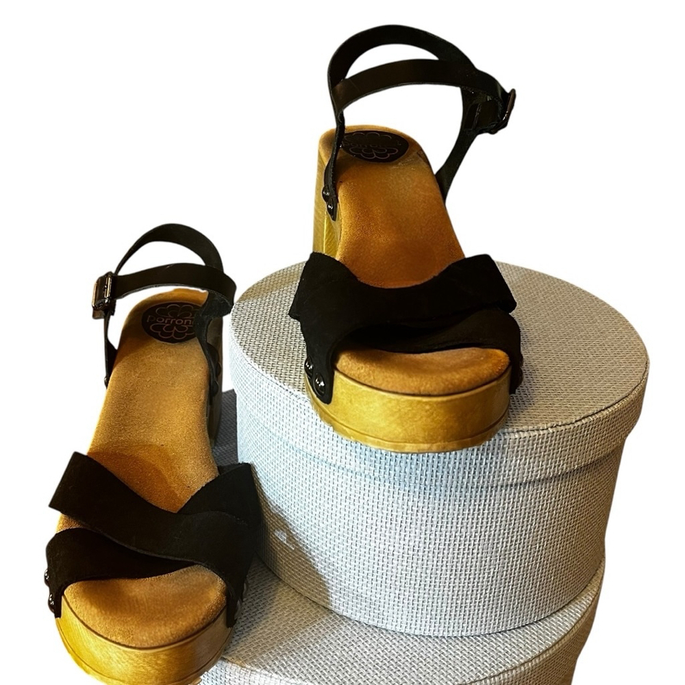 Women's Porronet Mabel Leather Sandals, Black & Wood Platform - Picture 3 of 12